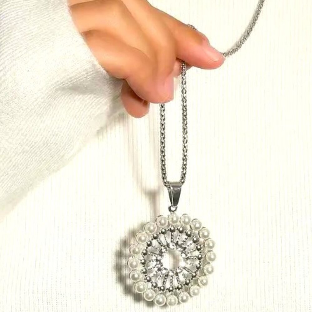 Pearl Necklace Rhinestone 30" Long Chain Pendant Statement Trendy Stylish Glam